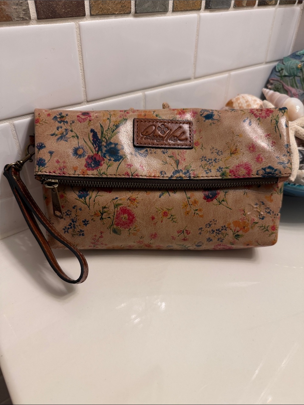 Patricia Nash Beige Floral Fold-Over Wristlet Clutch